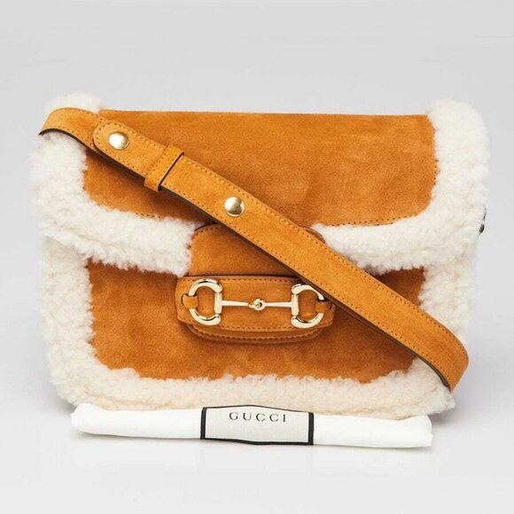 Gucci Light Brown Suede and Shearling Horsebit 1955 Small Bag - Picture 10 of 11